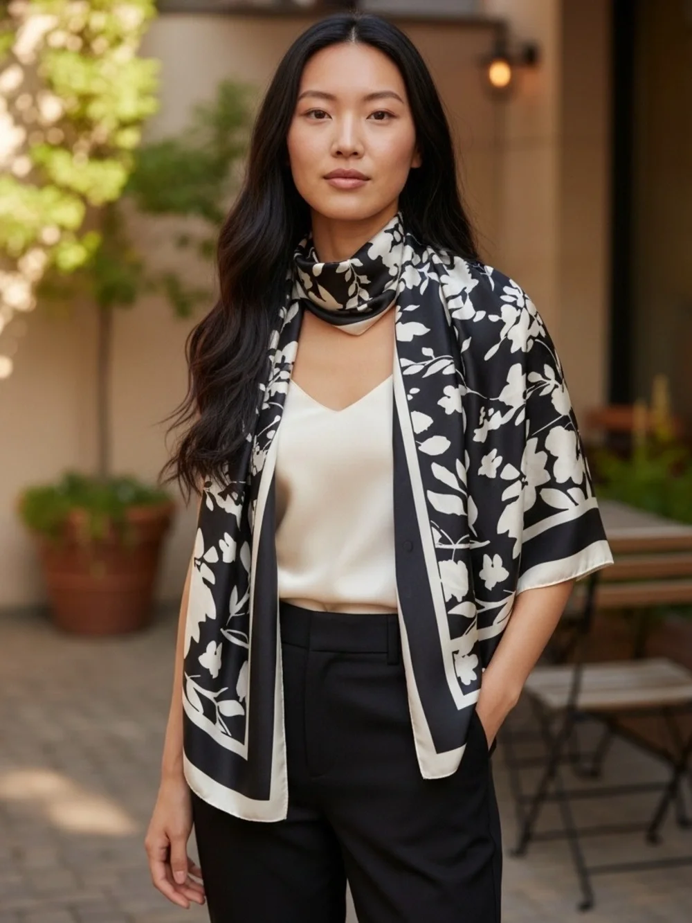 Black & White Floral Chiffon Scarf